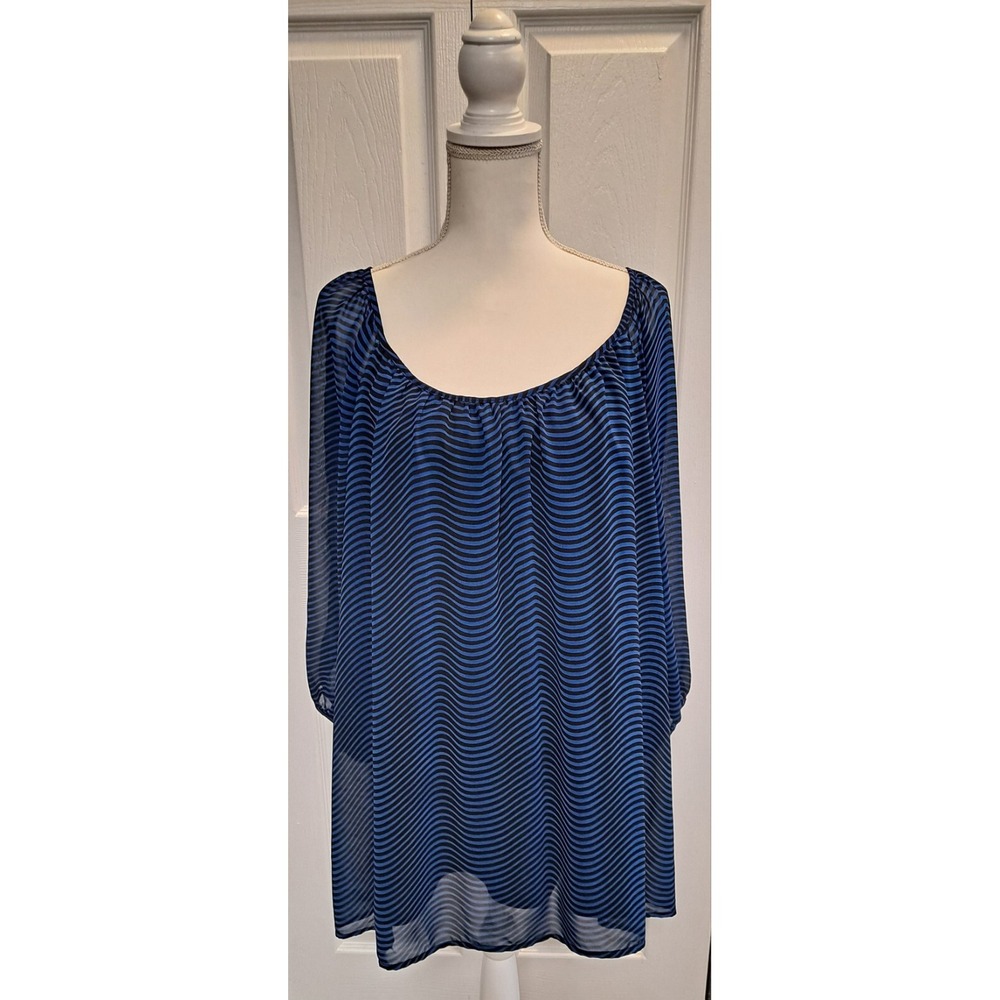 3XL Casual Fit‎ Rose+Olive Blue/Black Strip With Peekaboo 3/4 Sleeve